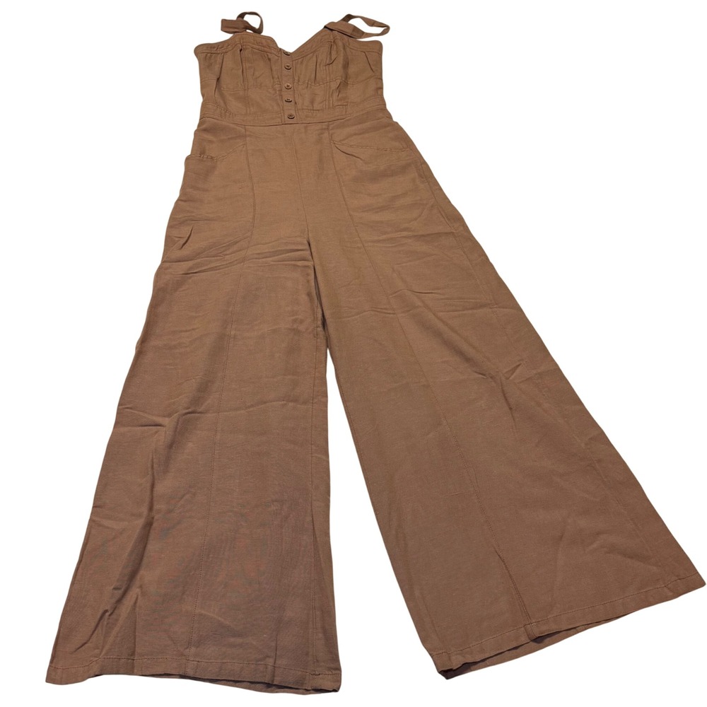 Japna Brown Wide-Leg Jumpsuit with Button Bodice
